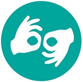 Icon of two hands making a circular gesture, representing sign language, on a teal background.