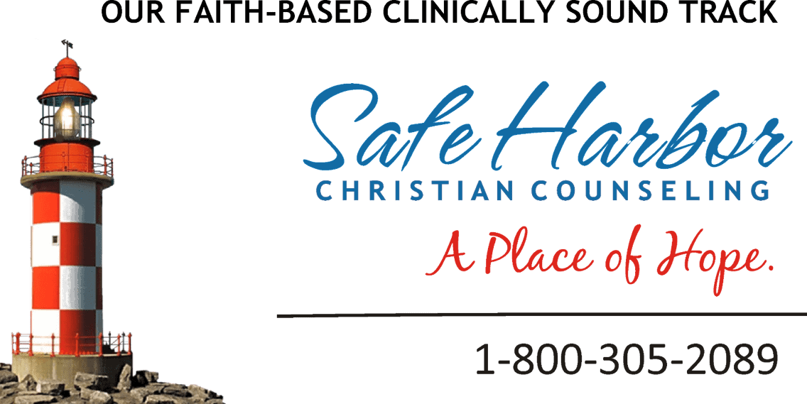 Illustration of a red and white lighthouse beside text promoting Safe Harbor Christian Counseling, labeled as "A Place of Hope" with a contact number 1-800-305-2089.